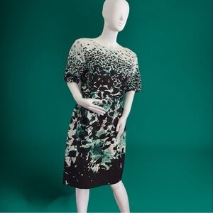Brooks Brothers Italian Woven Short Sleeve Sheath Dress Size 12 Green White Blk